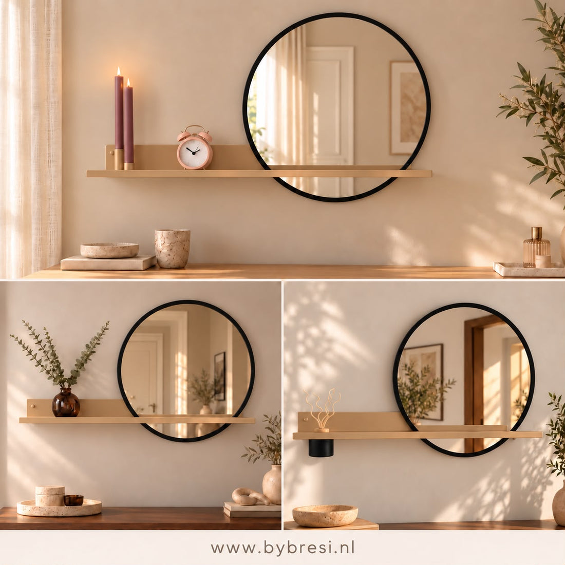 Wandplank Candelo Beige met spiegel en kaarsen